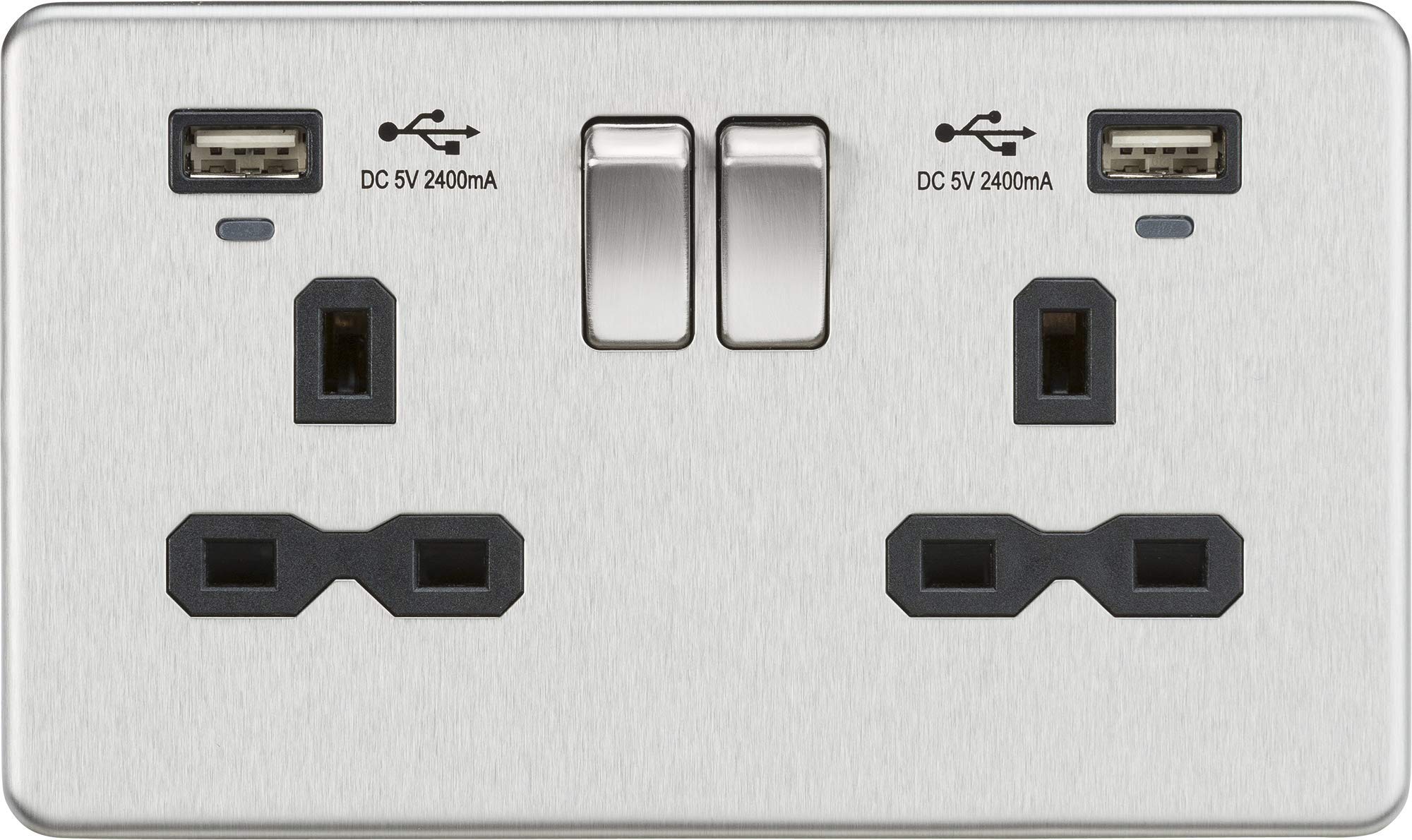 13A 2G Switched Socket, Dual USB (2.4A) with LED Charge Indicators - Brushed Chrome w/black insert