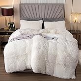 EMME Plush Shaggy White Duvet Cover Set Queen Size 3 Pieces Luxury Fuzzy Comforter Cover Set, Soft Faux Fur Fluffy Winter Bedding Set (White, Queen)