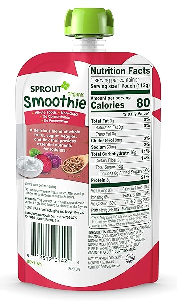 SPROUT ORGANIC TODDLER SMOOTHIE, STRAWBERRY BANANA W/ YOGURT, 4 OUNCE POUCH (PACK OF 6)