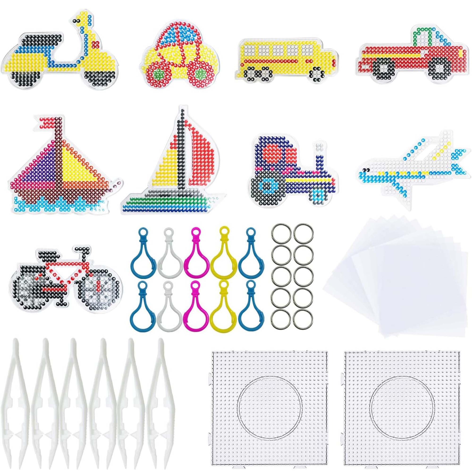 Allazone 5 mm 37 Pack Fuse Beads Boards, Large Square Transportation Clear Plastic Pegboards with 6 PCS White Beads Tweezers, 10 PCS Ironing Paper and 10 PCS Colorful Keychain for Craft Supplies