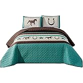 WPM WORLD PRODUCTS MART Western Teal/Beige/Brown Horseshoe, Horse, Barb Wire Cowboy Print King Size Bedspread 3 Piece Southwestern Cabin Lodge Design Coverlet Quilt Set- JENA (King)