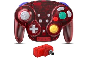 SAFFUN 2.4 GHz Wireless GameCube Controller, for NGC GameCube Console (Built-in Rumble) (Analog Stick) (Analog Triggers) (Rechargeable) (Plug and Play) Clear Red
