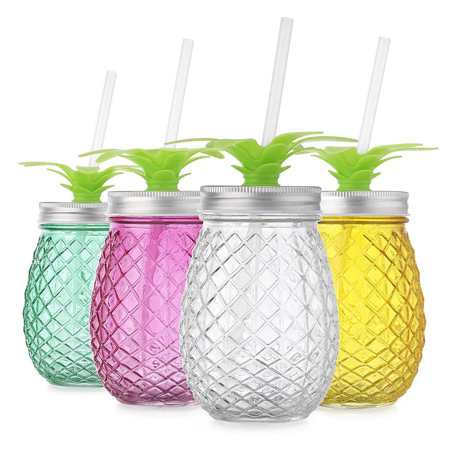 17.5 Oz Set of 4 Assorted Colors Pineapple Shape Glass Sipper with