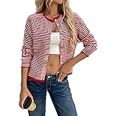 Women's 2025 Fall Casual Striped Long Sleeve Button Up Cardigan Crew Neck Soft Knit Lightweight Loose Sweater Tops
