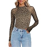 Zeagoo Long Sleeve Shirts for Women Floral Mesh Sheer Top Mock Neck Double Lined Fitted Going Out Blouses