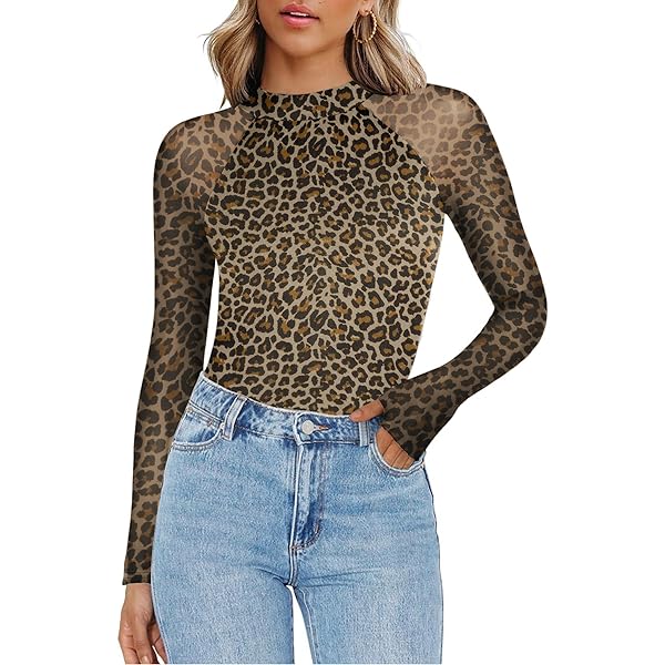 Leopard Print Sheer Mesh Top Long Sleeve Mock Neck for Women