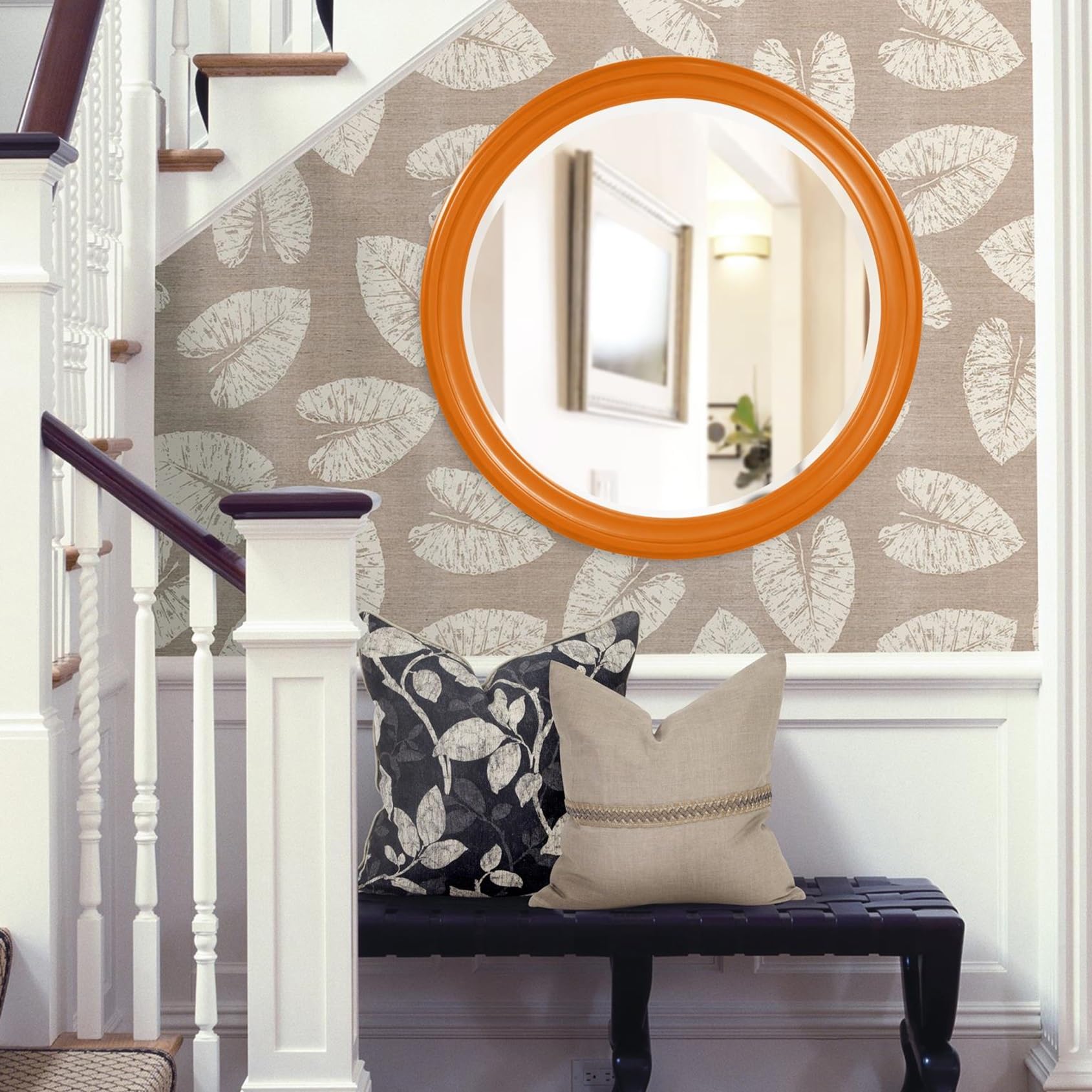Photo 1 of Howard Elliott George Round Glossy Orange Wall Mirror, Bevelled Vintage Hanging Wood Framed Vanity Mirrors for Home Decor, Living Room, Bathroom, Bedroom, or Hallway, 36 Inch Round