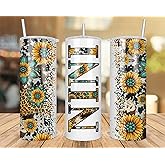 Nini Sunflower Turquoise Gemstone And Leopard - Nini Skinny Tumbler Cowhide Distressed Tumbler - Western Tumbler 20Oz Skinny Tumbler - Nini Gift