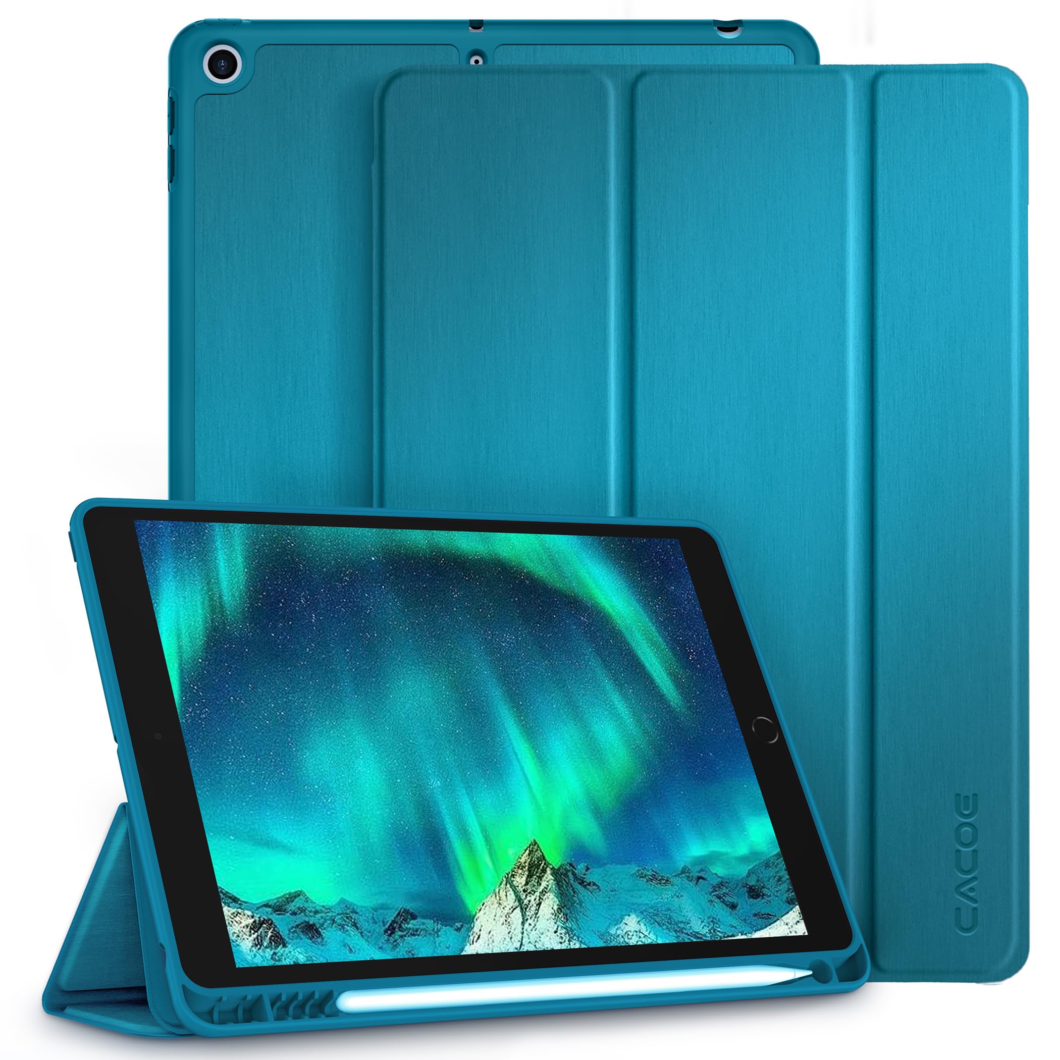 CACOE Case Compatible with iPad 9th /8th /7th Generation 2021 2020 2019, 10.2 Inch Case with Pencil Holder, Soft TPU Back Cover Auto Wake/Sleep, Peacock Blue — image 1