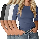 Neer 4 Pack Women's Half Sleeve Tops Elbow Length Slim Fit Crewneck T-Shirts 1/2 Sleeve Casual Summer Basic Tees