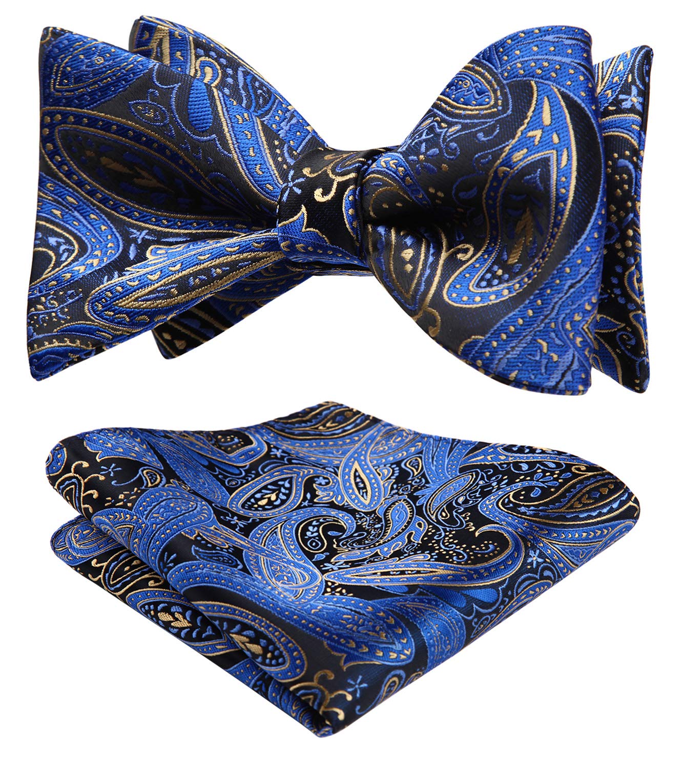 HISDERN Men's Paisley Handkerchief Jacquard Wedding Party Self Bow Tie Pocket Square Set, One Size, Blue / Yellow