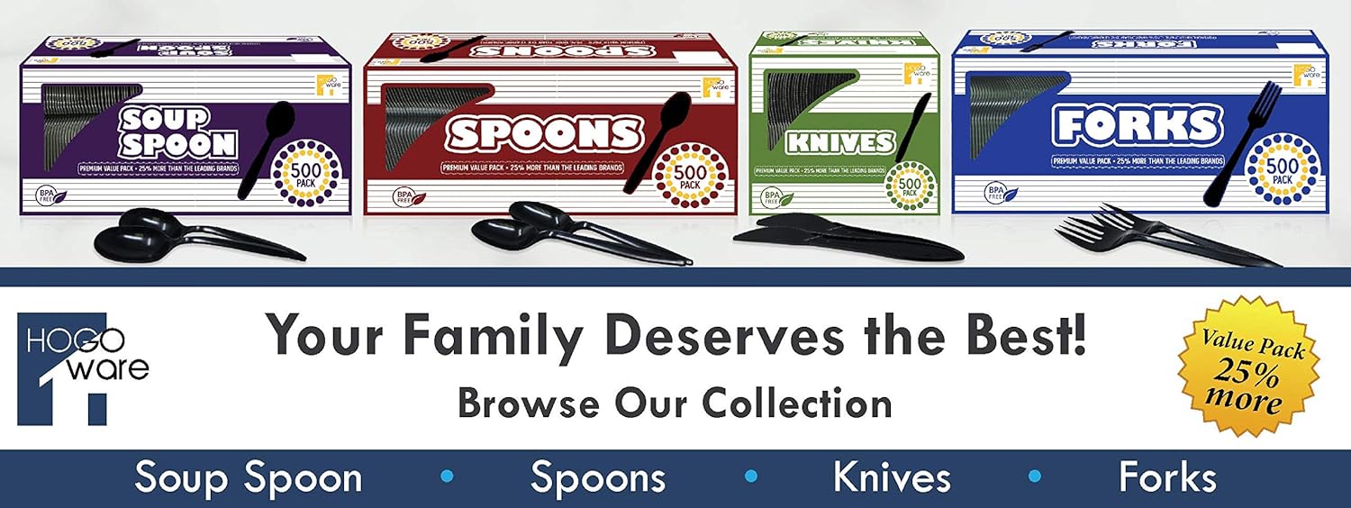 HOGOWARE Plastic, Disposable Utensils Bulk Set | Plastic-Ware Cutlery, 500 Pieces, for Dinner Party, Serving Wedding Cake, Pie & Desserts, Black Soup Spoons: Kitchen & Dining