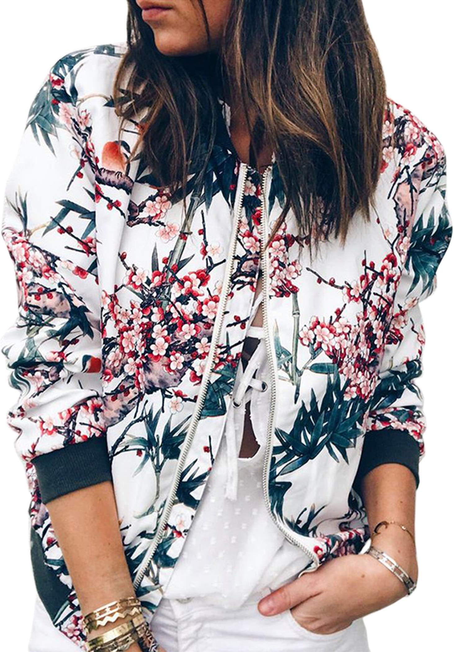 Women's Casual Floral Zip Up Bomber Jacket Coat Stand Collar Lightweight Short Outwear Tops