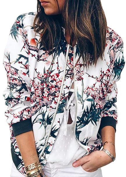 ECOWISH Damen Casual Jacke Blumenmuster Langarm Bomberjacke Reißverschluss Stehkragen Outwear Kurz Coat Herbst Frühling