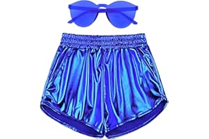 Mirawise Girls Metallic Shorts Shiny Hot Pants Sparkly Dance Outfits Short Pants with Sunglasses