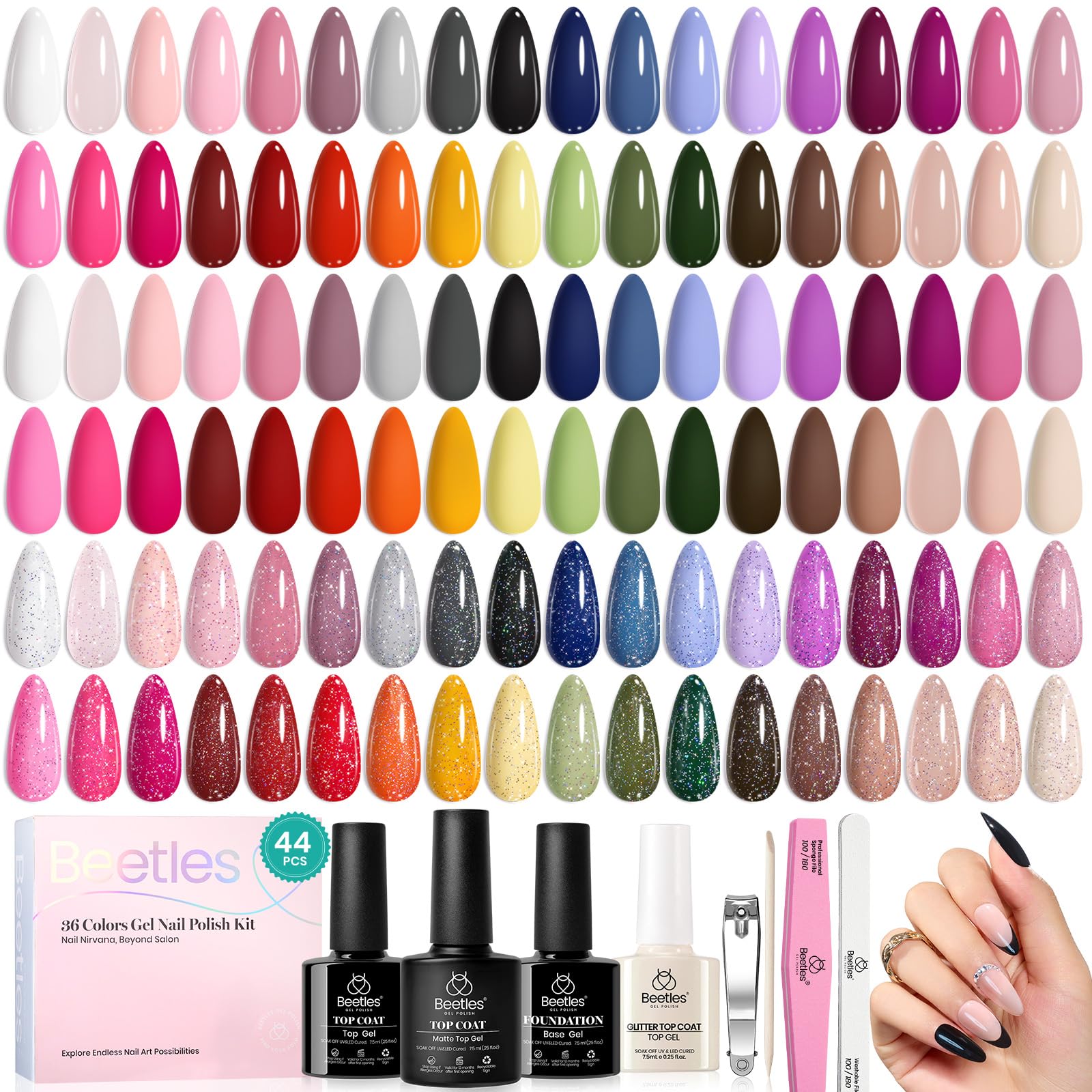 beetles Gel Polish 44pcs Gel Nail Polish Set 36 Colors Nail Polish Set with Base Coat Glossy Matte Glitter Top Coat Nude White Pink Red Blue Gel Gifts for Mom Colorful Muse Collection - Image 8