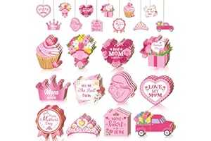 FAIRYSANDY 36 Pcs Mother's Day Hanging Ornaments Wooden Mothers Day Decorations Rustic Mom Wood Cutout with Rope Flower Cupcake Crown Mini Signs Mother's Day Decor for Small Tree Mom Women Birthday Party Home