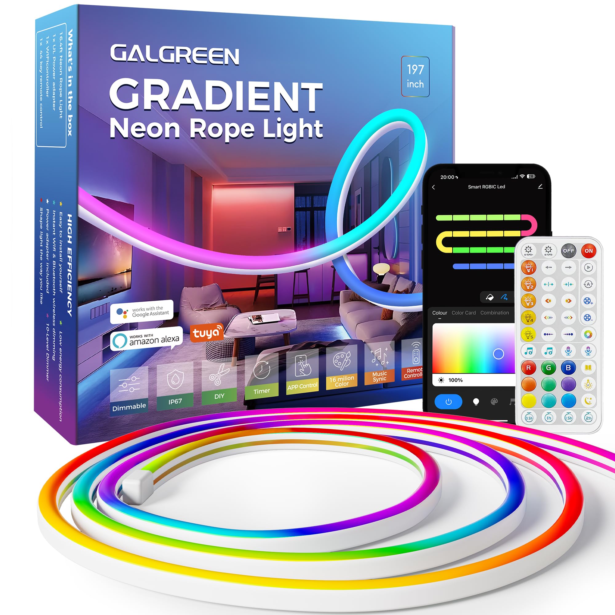 Photo 1 of Galgreen RGB+IC Neon Rope Lights, 16.4ft WiFi Gradient LED Strip Lights with Remote, Music Sync, Waterproof Flexible Smart Led Lights for Bedroom, Works with Alexa, Indoor Outdoor Christmas Decor