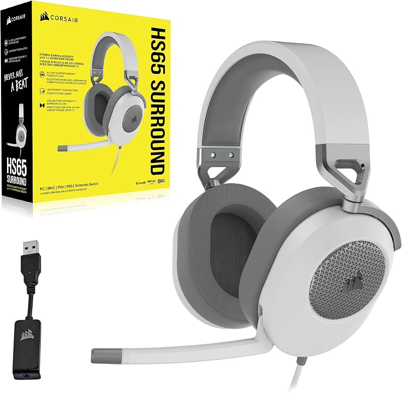 HS65 Surround Casque de Jeu Filaire Multiplateforme - Son Surround Dolby 7.1 - SonarWorks SoundID - Compatible iCUE - PC, Mac, PS5, PS4, Xbox, Nintendo Switch, Mobile - Blanc