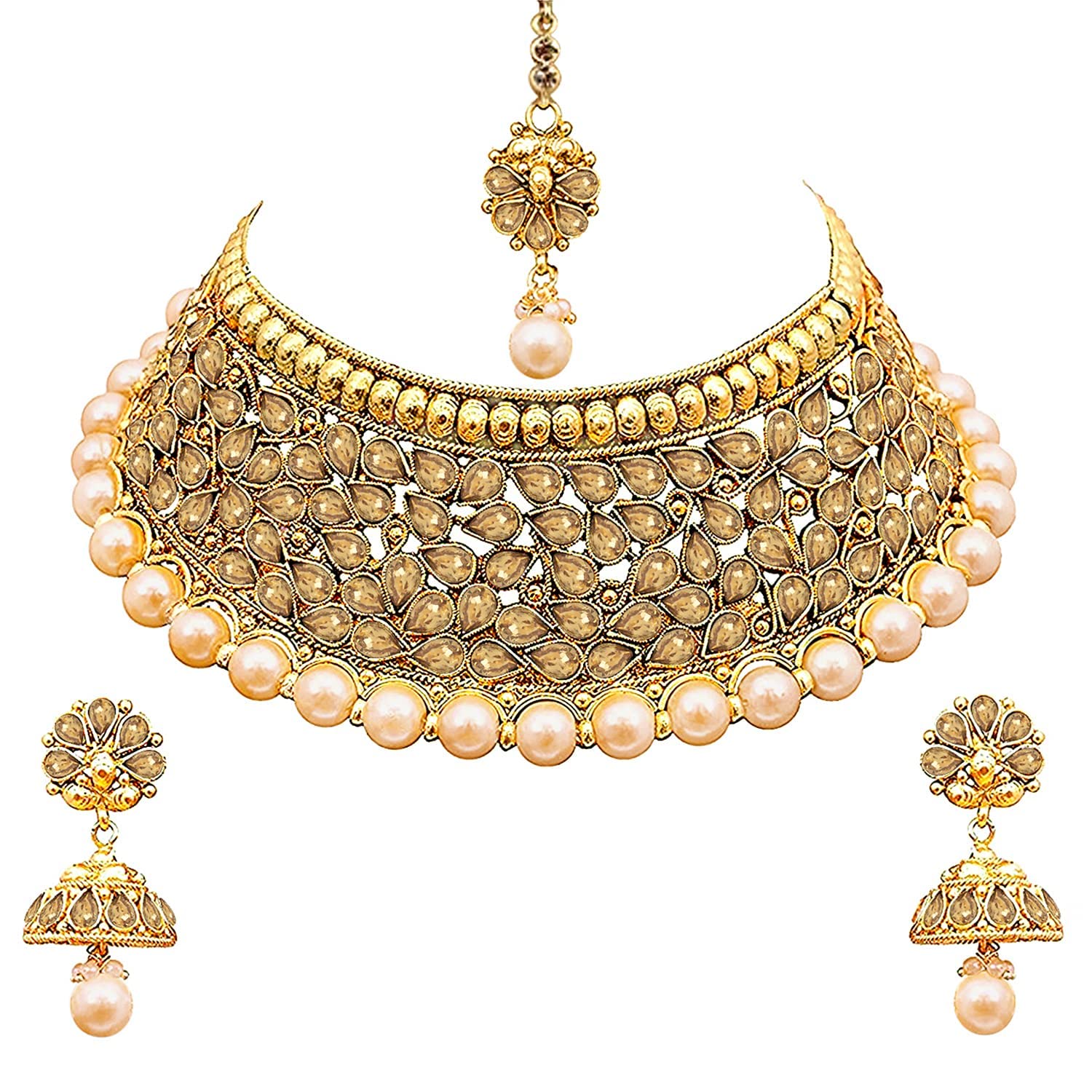 Aheli Multi Layered Faux Pearl Beaded Kundan Necklace with Dangle Earrings Indian Bollywood Jewelry for Women
