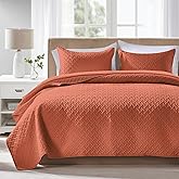 FLYMME Queen Quilt Bedding Set Burnt Orange Lightweight Bedspreads Full Size,Modern Style Geometric Weave Stripe Pattern,Soft Microfiber Bed Coverlet for All Season (1 Quilt, 2 Shams)