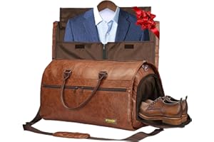 STOVER Garment Travel Duffle Bag, Large 2-in-1 Convertible Carry-on Luggage for Men & Women- Hanging Suits, Dresses & Clothes + Shoe Compartment- Weekender Tote Combo Duffel (Brown Leatherette)
