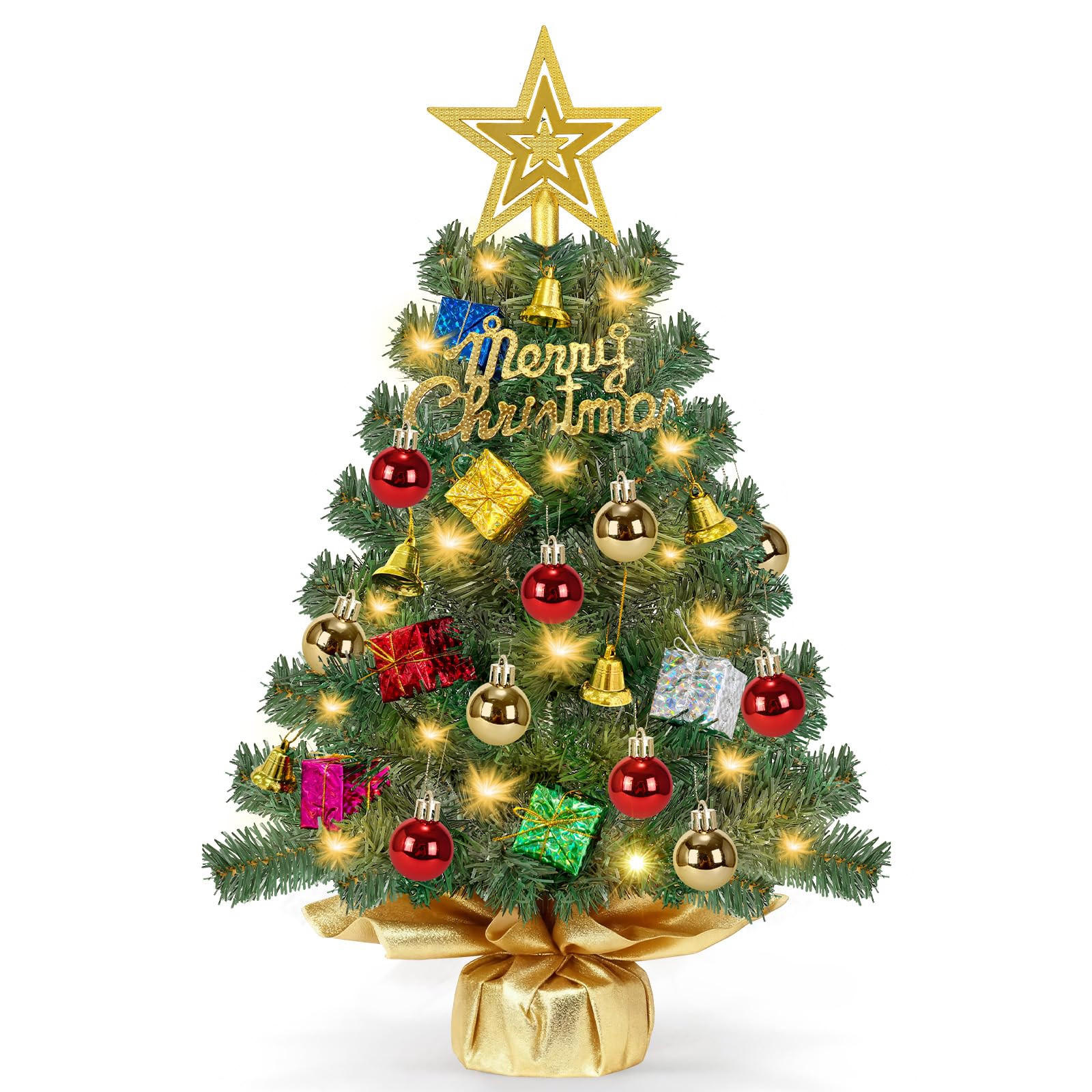 Photo 1 of [ Timer & 8 Modes] 24 Inch Realistic Tabletop Christmas Tree with 50 Warm White Lights Star Treetop and Ornaments Small Small Artificial Christmas Tree for Indoor Home Table Christmas Decorations