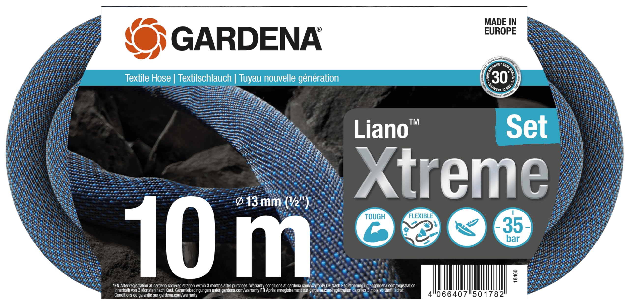 Gardena Liano Xtreme 1/2 inch, 10 m set: Extremely robust textile garden hose, for indoor water taps, with PVC inner tube, lightweight, weather-resistant (18460-20)