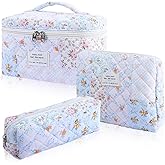 Hatende 3Pcs Cotton Quilted Makeup Bag Set,Large Floral Cosmetic Bag,Aesthetic Toiletry Travel Makeup Bag Set and Cute Flower Bag for Women Girls (Pink Spliced Flower)