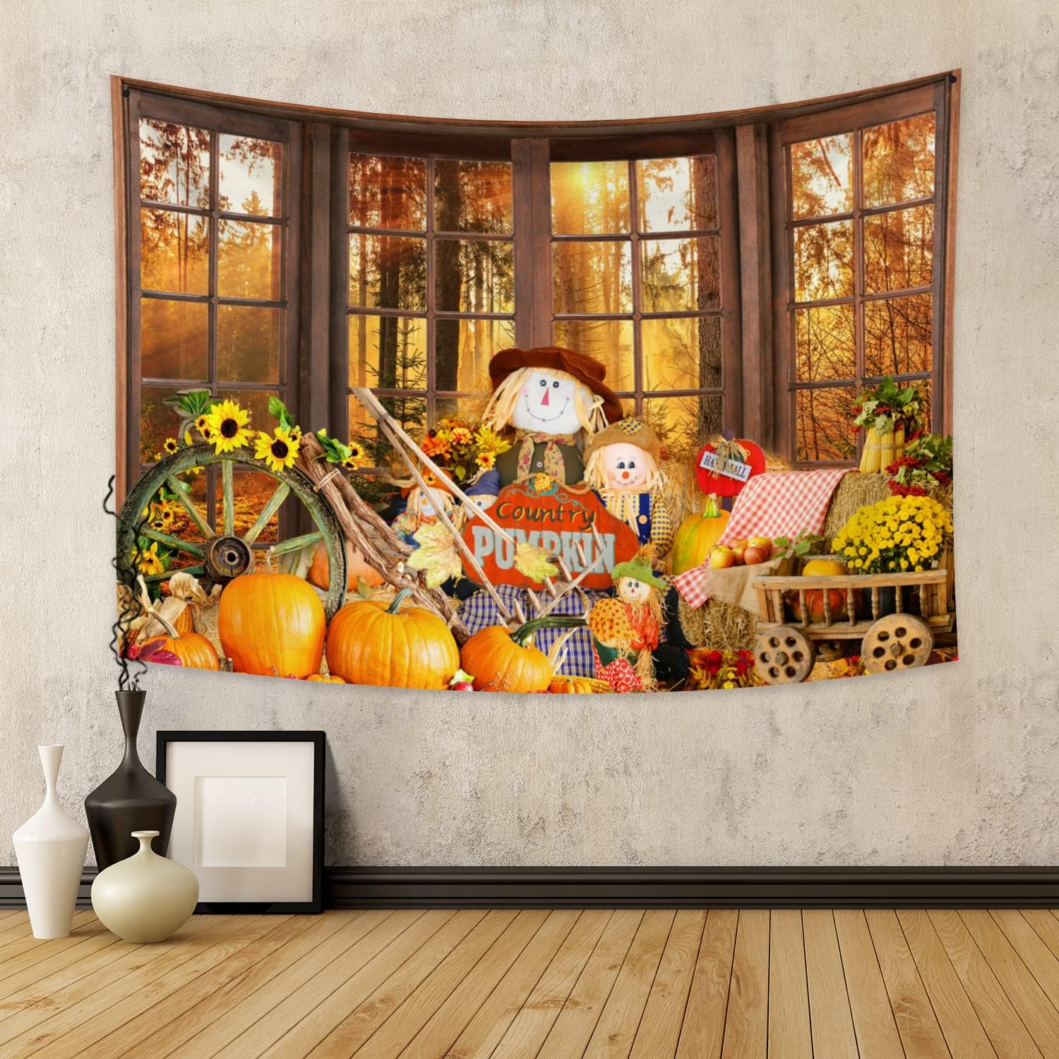 Tapestries - Arrebolart Thanksgiving Pumpkin Fall Tapestry Wall Hanging Autumn Maple Leaf Misty Forest outside Window Tapestry Rustic Sunflower Fall Harvest Tapestry for Bedroom Living Room Dorm Decor, 60x40 Inch