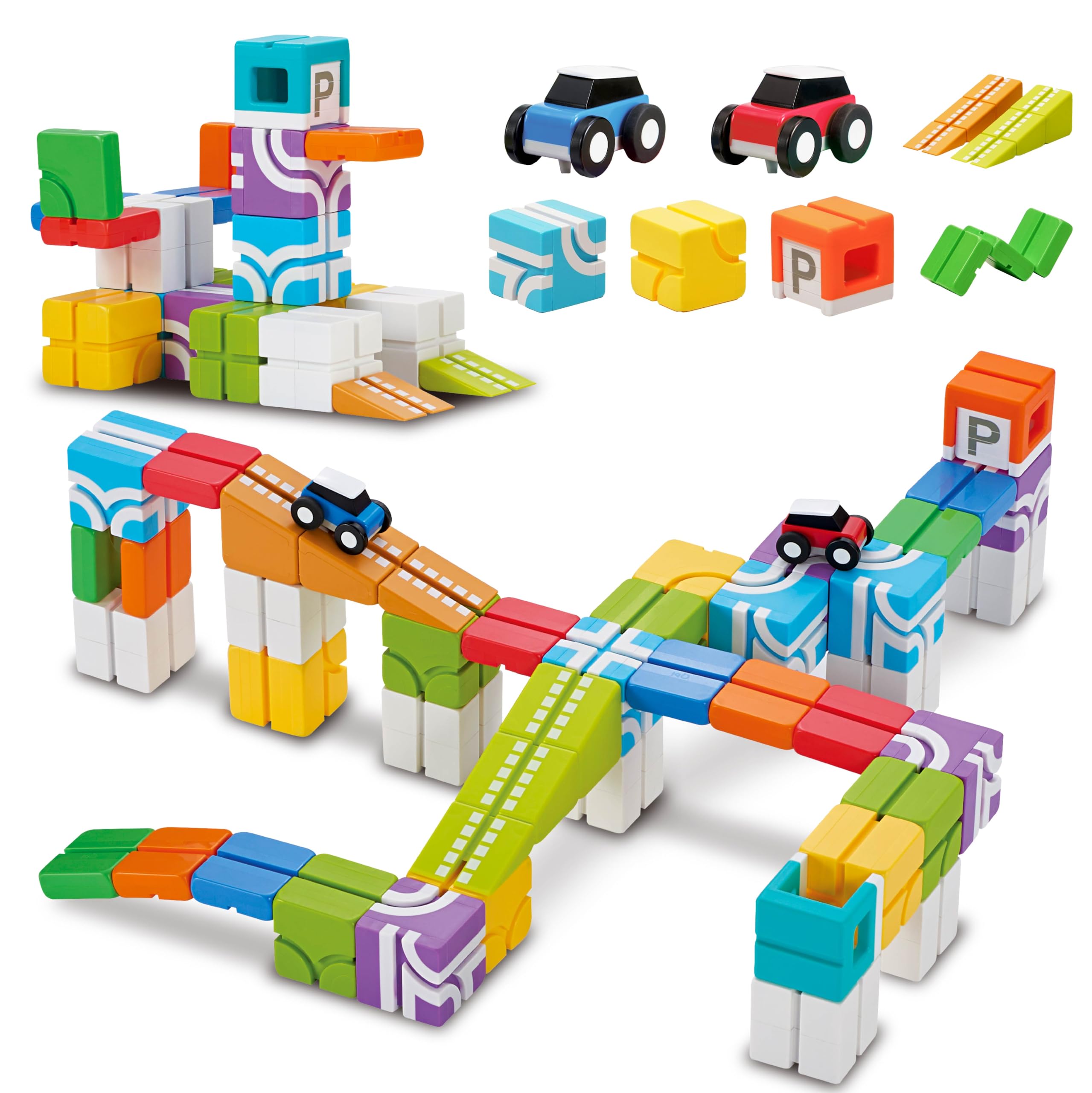 Photo 1 of QBI Magnetic Building Blocks Car Track Set, 46PCS STEM Learning Toys for Kids Ages 4-8, Sensory Magnetic Blocks with 2 Push-and-go Cars | Educational Montessori Magnet Cubes for Boys & Girls