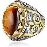 Dochais Retro Large Tiger Eye Stone Mens Ring Turquoise Vintage Ring for Men Oval Gemstone Stainless Steel Ring Size 7-13