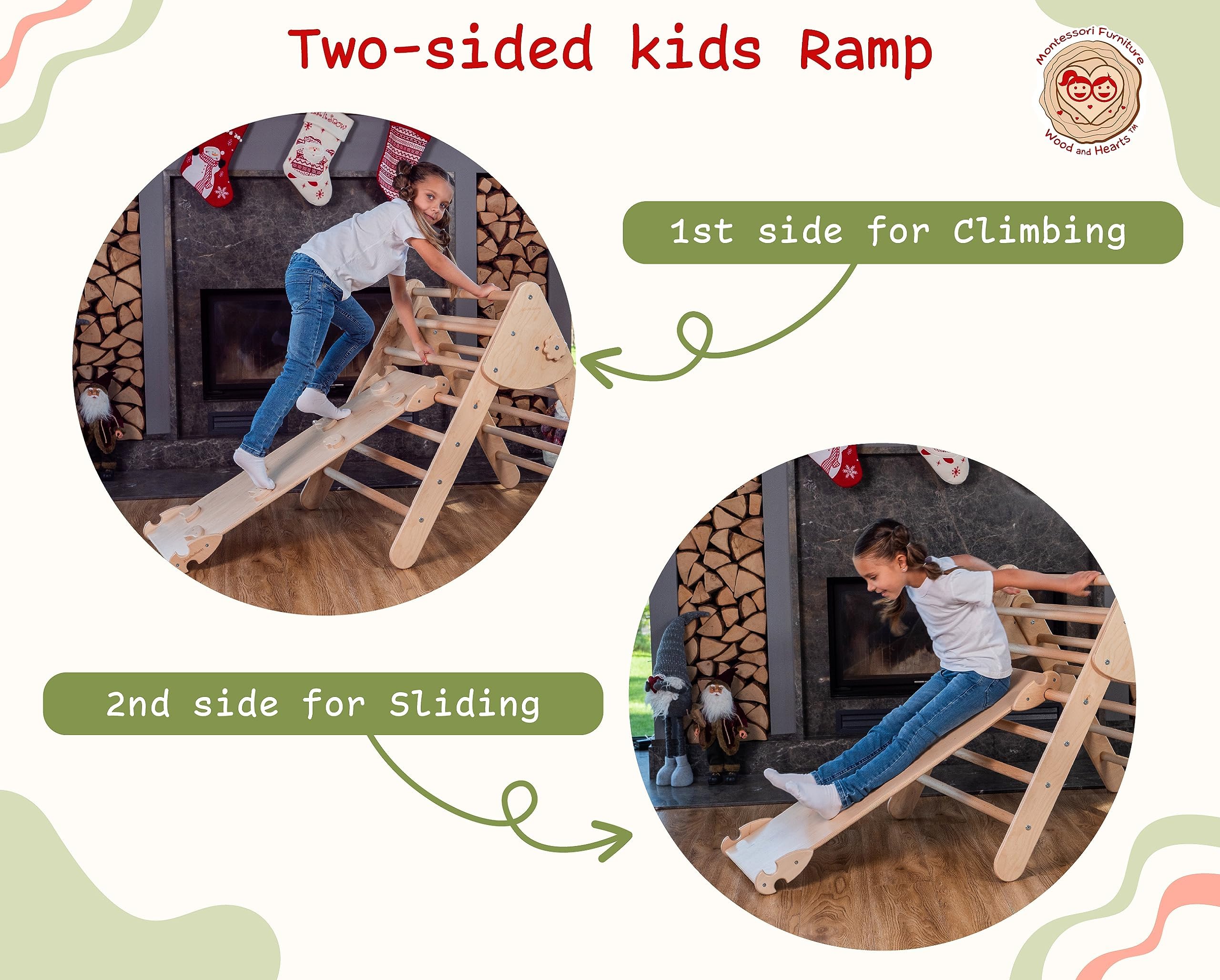 WoodandHearts Montessori Pikler Triangle Climbing Set - Foldable Climbing Triangle with Slide, Ramp, Arch - Wooden Toddler Climbing Toys Indoor Playground Jungle Gym for Kids Age 2-8