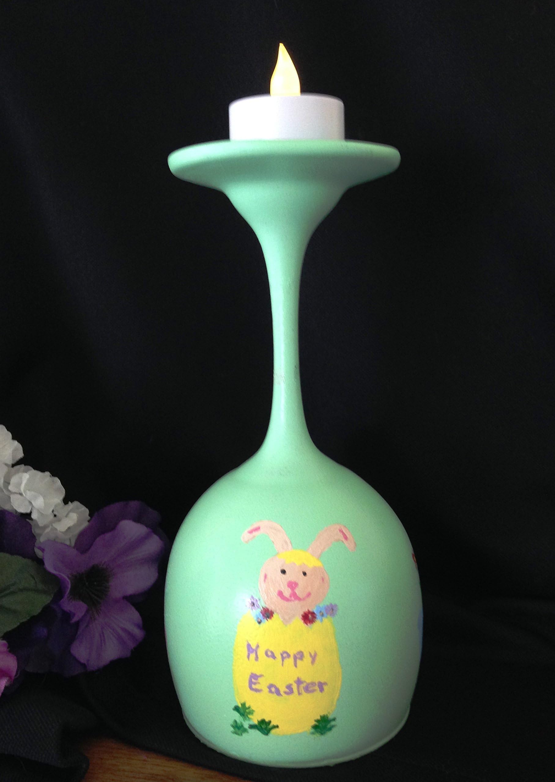 Hand Painted Easter Bunny and Flowers Candle Holdr
