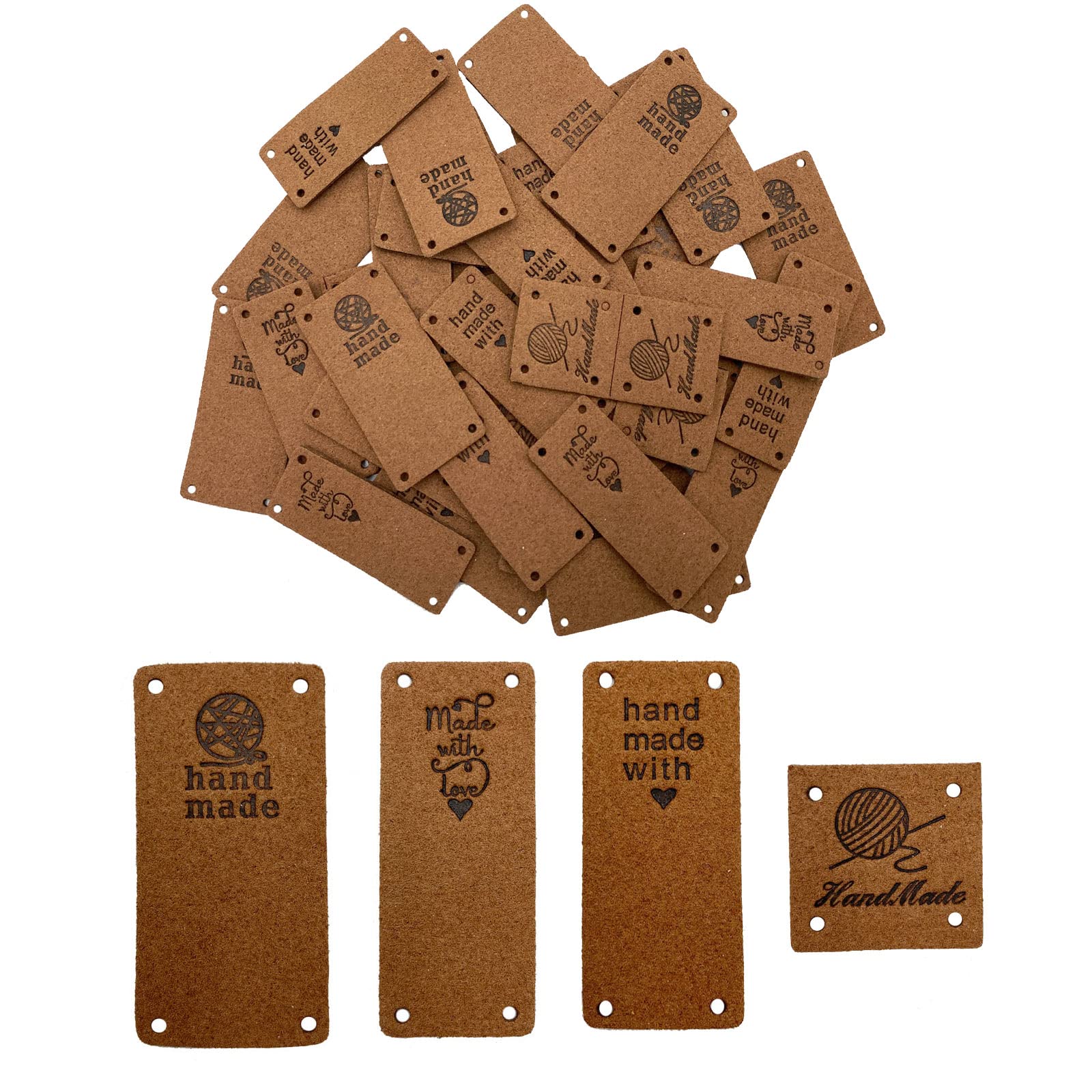 WiYould 40 Pcs PU Leather Label Faux Leather Handmade Sew on Tag Label Handmade Embossed Tag Embellishment Crochet Knit DIY Jeans Bags Shoes Hat Apparel Accessories(4 Types, Dark Brown)