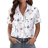 Zeagoo Womens Button Down Blouse Rolled Cuffed Short Sleeve Shirts Casual Work Blouse Summer Hawaiian Outfits