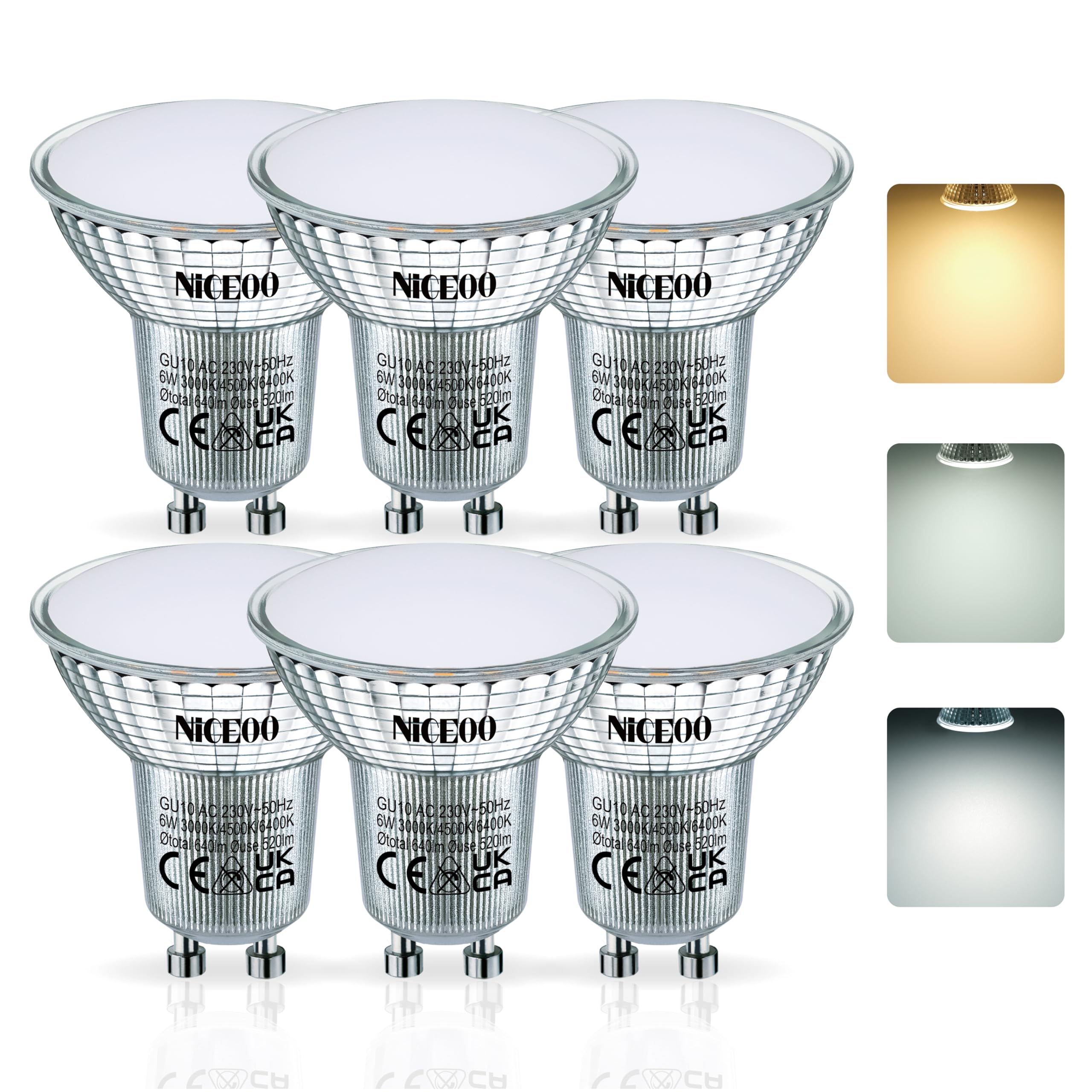 NICEOO GU10 LED Bulbs 6W, Colour Changing Warm White Neutral White Cool White, 3000K/4500K/6400K Adjustable LED Accent Light, Equivalent to 70W Halogen, 520LM, 120°Beam Angle, Non Dimmable, 6 Pack