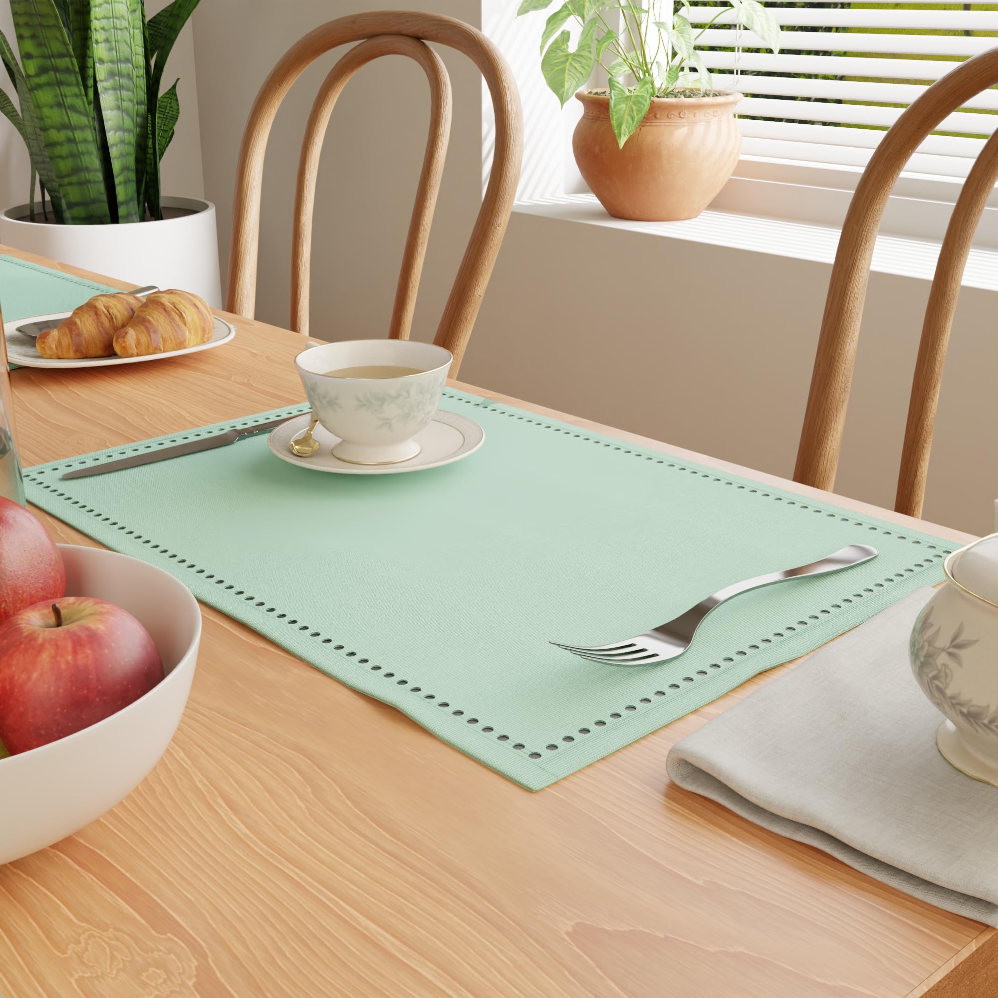 Encasa XO Placemats Set of 4 | Pure Cotton Hemstitched Design | Mint Green | Rectangular 48x32 cm - Dining Table Mat | Machine Washable