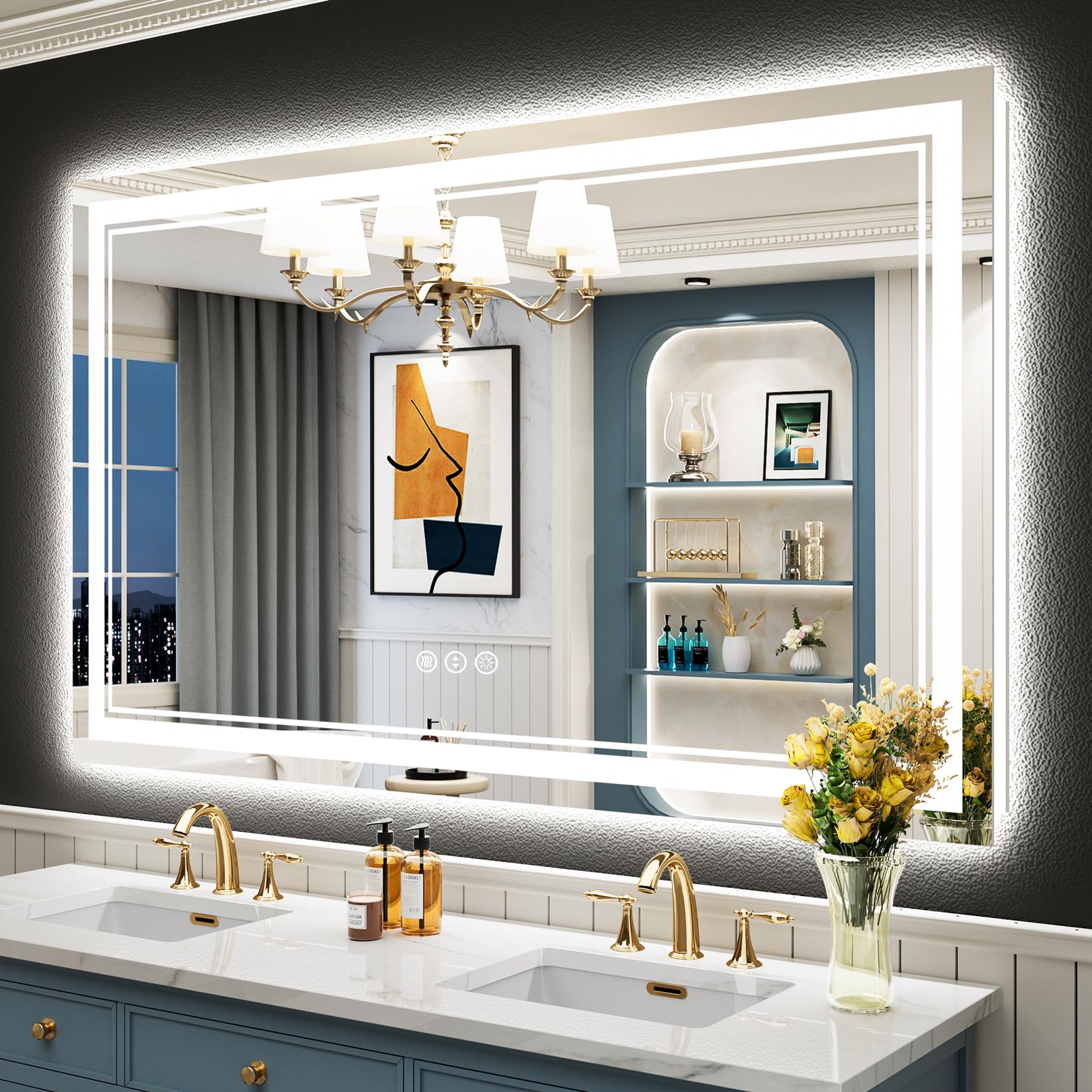 Photo 1 of **LIGHT PARTICALLY WORKS** AWANDEE 55x36 LED Bathroom Mirror with Lights, Backlit + Front Lit, Anti-Fog Lighted Vanity Mirror for Bathroom Wall with 3 Colors, Stepless Dimmable, Memory, Shatter-Proof, Tempered Glass, ETL Listed