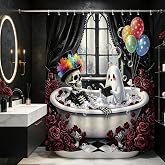 Funny Skeleton Shower Curtain Halloween Ghost in Bathtub, 70x70 Inch | Gothic Red Rose, Spooky, Horror, Scary, Vintage Window, Polyester, Includes Hooks