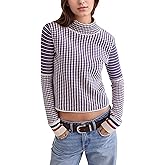 Burtell Casual Mock Neck Striped Cropped Sweater for Women Slim Fit Long Sleeve Plaid Pullover Sweater Color Block Knit Tops