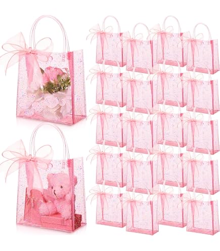 Pink Bow PVC Bags 24Pcs Pink Bow Clear PVC Gift Bags With Handles ...