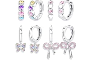 BESTEEL 4 Pairs Hypoallergenic Huggie Hoop Earrings for Girls Women Silver Plated Small Dangle Hoop Earrings Bow Earrings Tiny Cute CZ Heart Butterfly Earrings Set Pink Colorful Star Earrings for Sensitive Ears(over 3 years old)