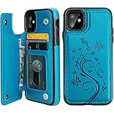 Vaburs Compatible with iPhone 11 Case Wallet with Card Holder, Embossed Butterfly Premium PU Leather Double Magnetic Buttons Flip Shockproof Protective Cover for iPhone 11 6.1 Inch(Blue)