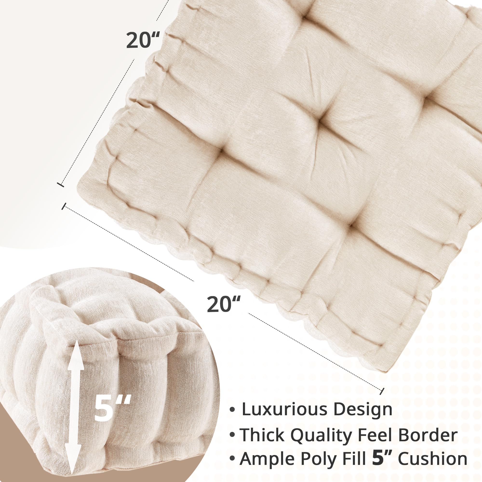 Intelligent Design Azza Floor Pillow, Large Cushions Sitting for Adults, Floor Pillow for Meditation or Yoga, Lustrous Chenille Tufted with Scalloped Edges for Bench/Chair Cushion, 20"x20"x5" Ivory - Image 7