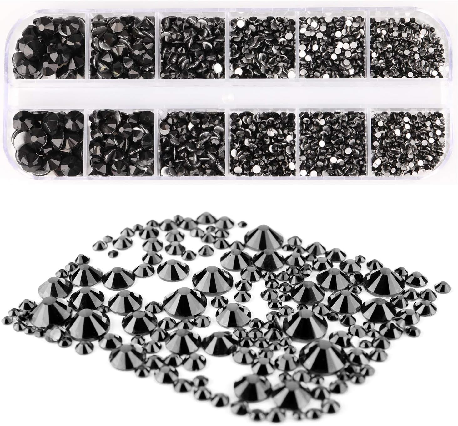 Mwoot 2000+ PCS Rhinestones, 6 Sizes (2-5 mm) Crystals with Tweezers and Picking Pen for DIY Crafts Nail Face Art Clothes (Black)