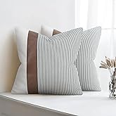 Modern Farmhouse Decorative Throw Pillow Covers 16x16 Set of 2 Black Striped Linen and Faux Leather Pillow Covers for Couch Sofa Bedroom Livingroom Neutral Accent Cozy Cushion Covers