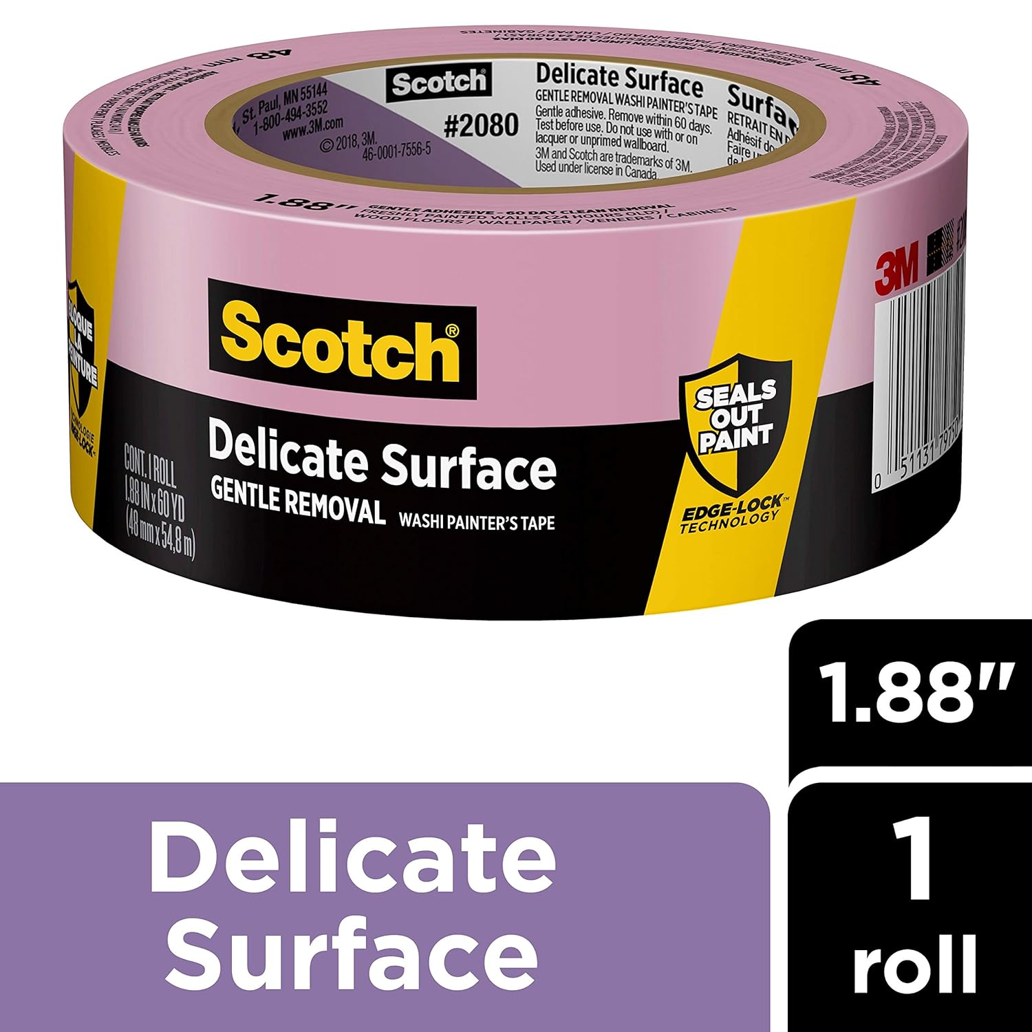 Scotch Delicate Surface Painter's Tape, 1.88 inches x 60 yards, 2080, 1 Roll: Home Improvement
