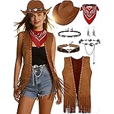 INFLATJOY Western Cowgirl Outfits for Women Fringe Vest Set cowboy hat double hatbands cowgirl costume