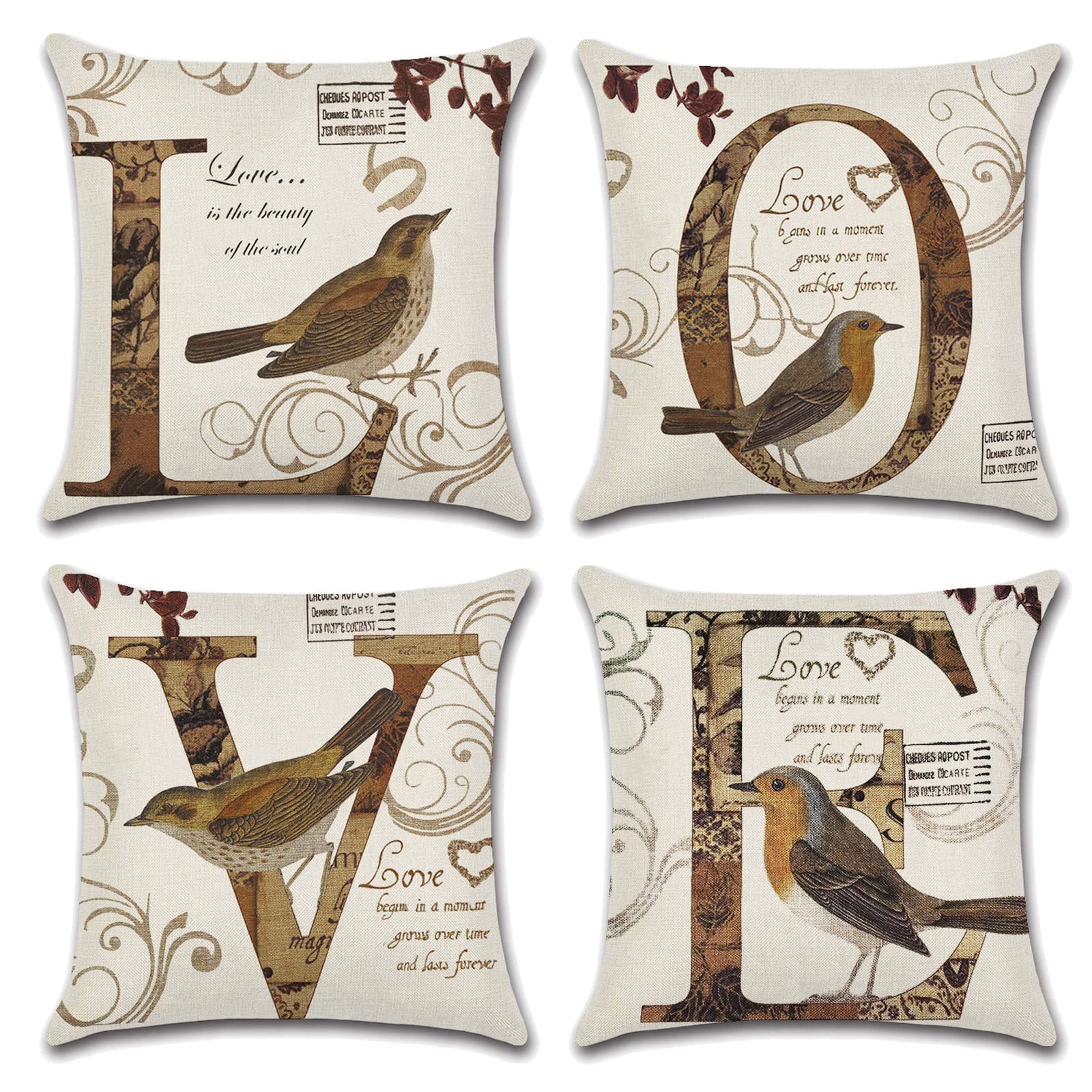 OCEUMACO Linen Cushion Covers 45 x 45 cm for Sofa Set of 4 Square Boho Love Birds Throw Pillow Cases 18x18 Inches Outdoor Vintage Floral Quotes Cushion Cover Pack for Home Decor - Brown